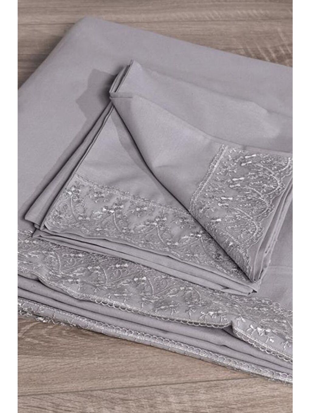 Fransız Dantelli Patya Çeyizlik Nevresim Takımı Gri-4