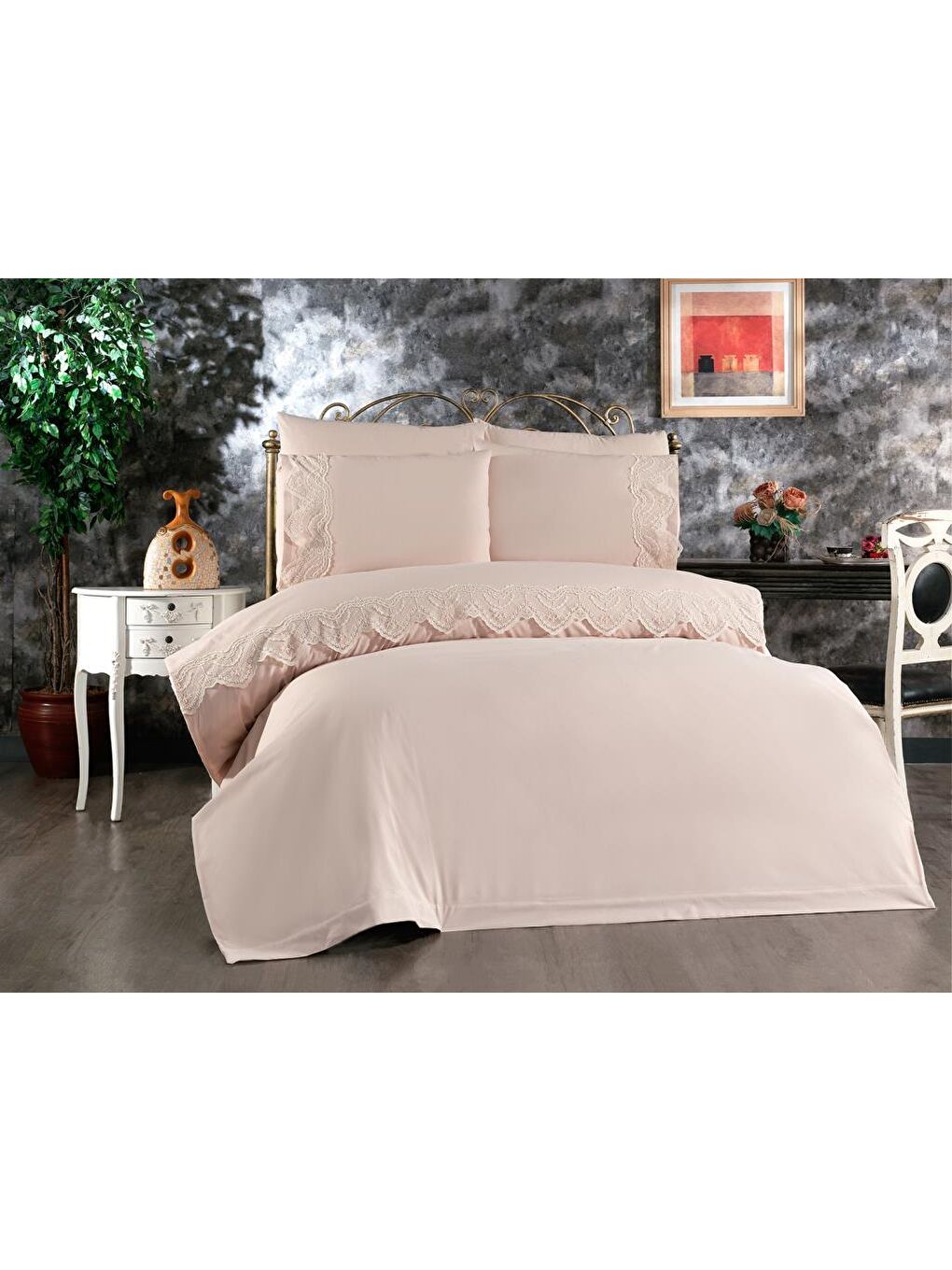 Karışık Fransız Dantelli Hanzade Çeyizlik Nevresim Takımı Cappucino