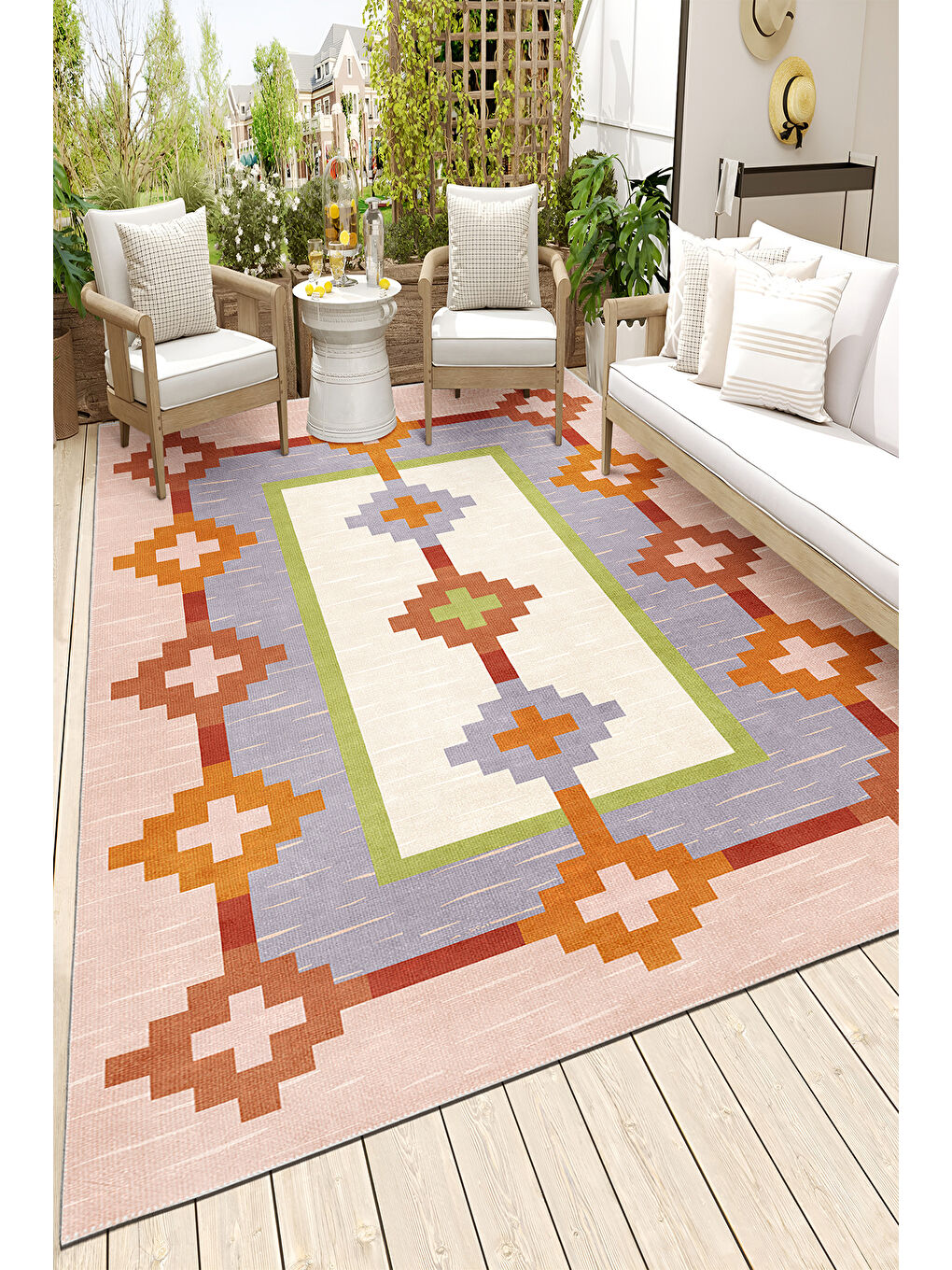 Pembe Dekoratif Salon Halısı, Makinada Yıkanabilir, Kaymaz Taban, İnce & Modern Tasarım-3