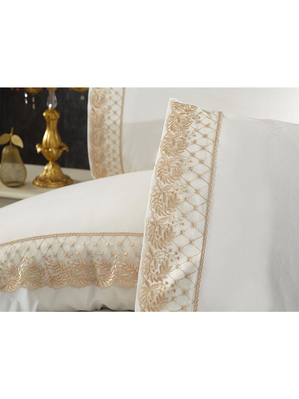 Karışık Fransız Dantelli Suzan Çeyizlik Nevresim Takımı Krem Cappucino-2