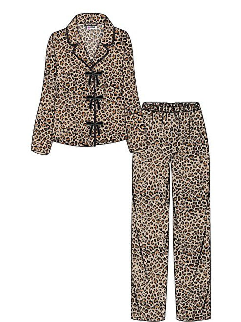 Kahverengi Kadın Yumuşak Dokulu Leopar Desenli Fiyonklu Uzun Kollu Gömlek Yaka Pijama Takımı-1