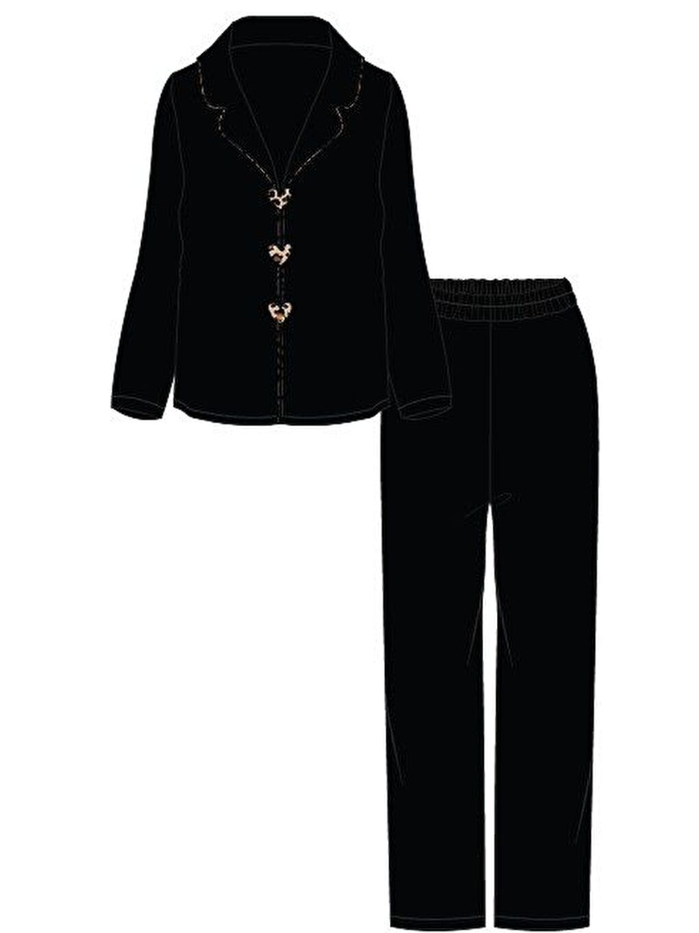 Siyah Kadın Yumuşak Dokulu Leopar Desenli Fiyonklu Uzun Kollu Gömlek Yaka Pijama Takımı-1