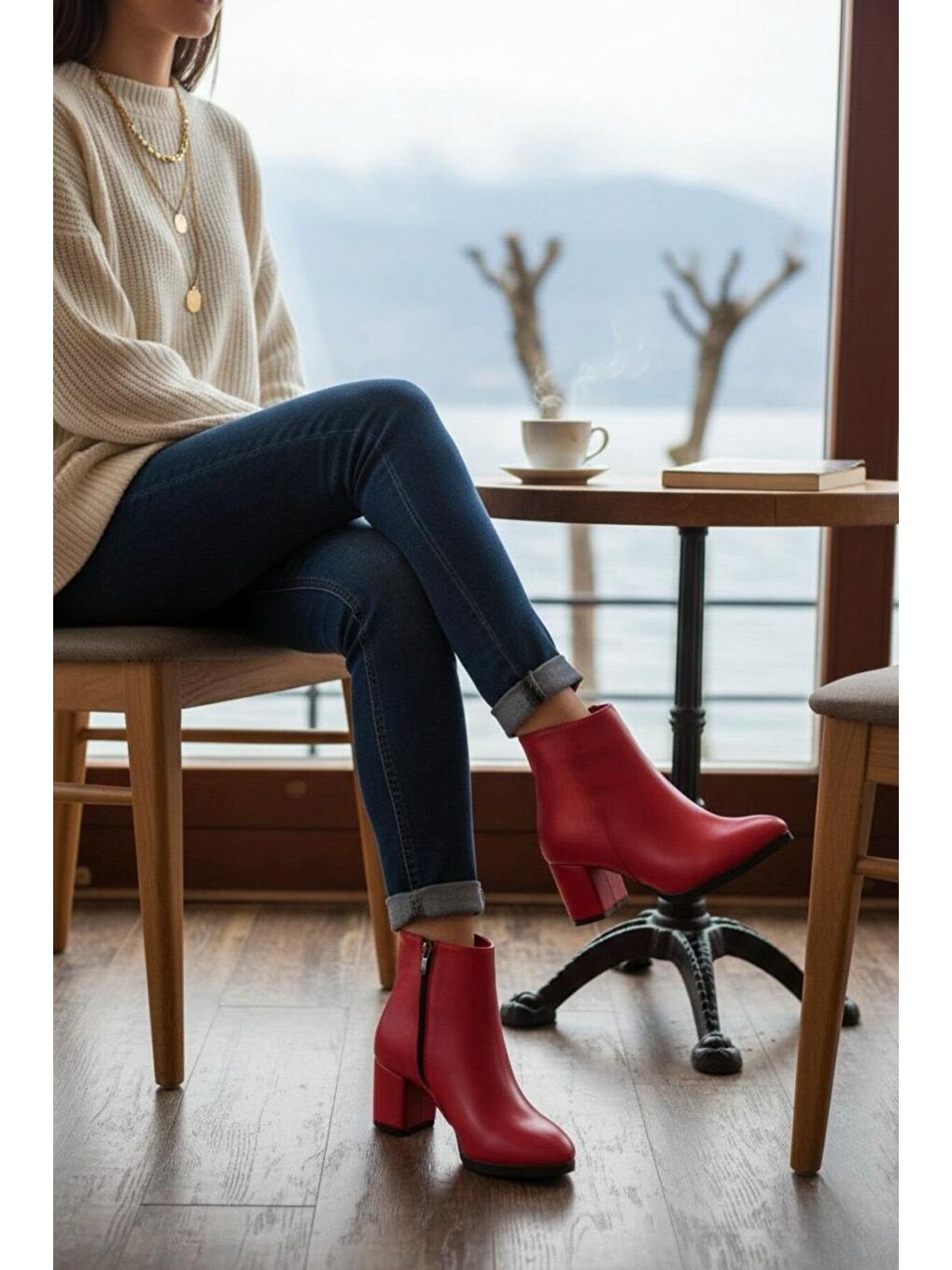 Kadın Liva Kırmızı Cilt Düz Topuklu Kısa Bot-1