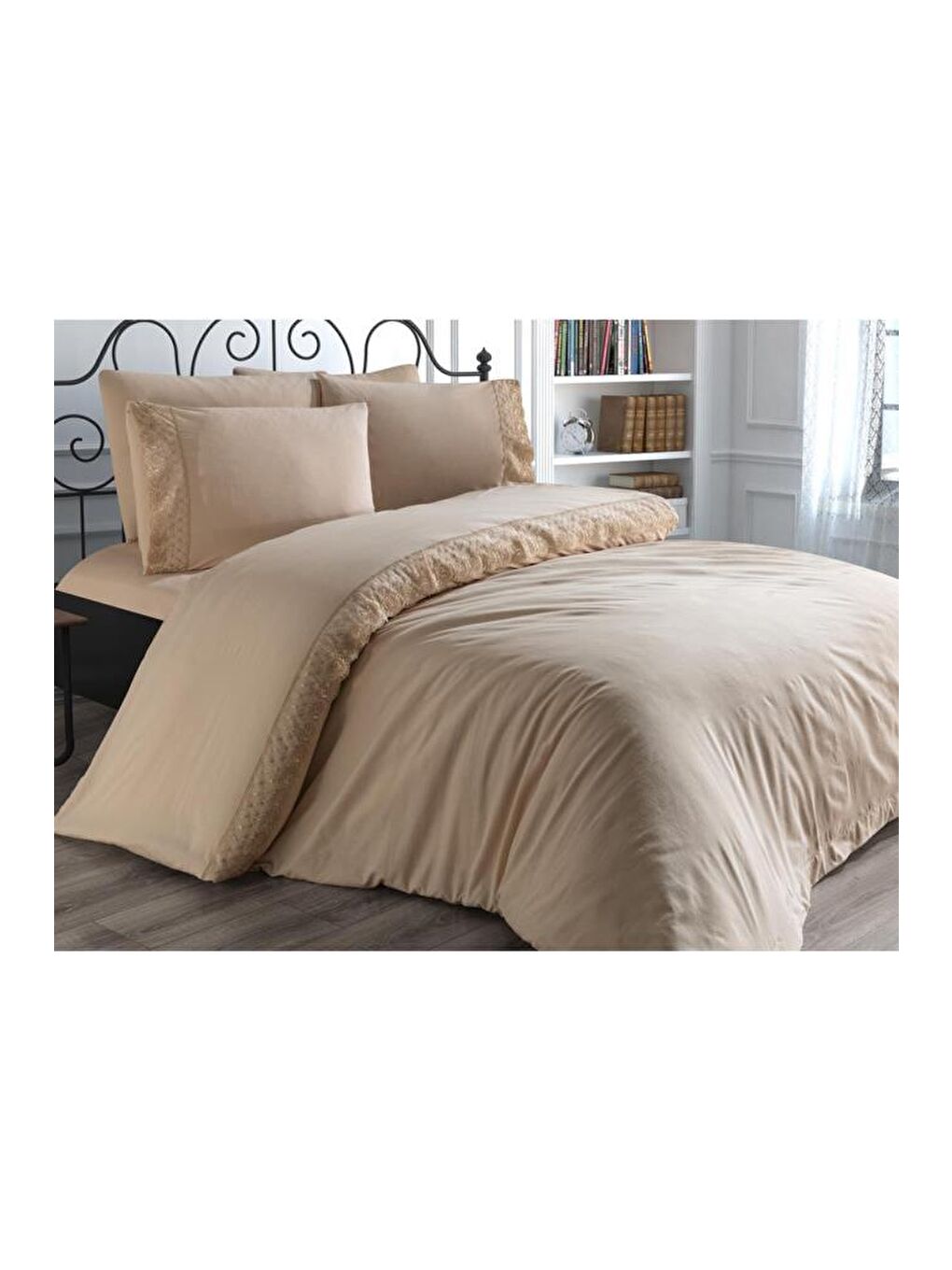 Karışık Fransız Dantelli Suzan Çeyizlik Nevresim Takımı Cappucino-9