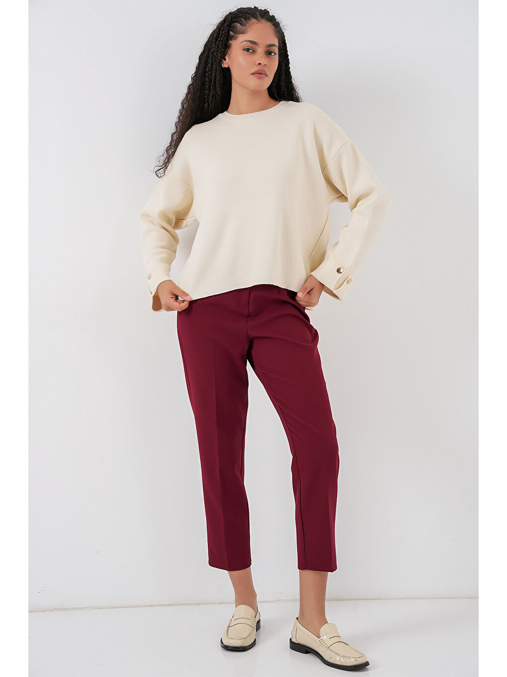 Kadın Kol Düğmeli Oversize Triko Kazak 15981 - Ekru-1