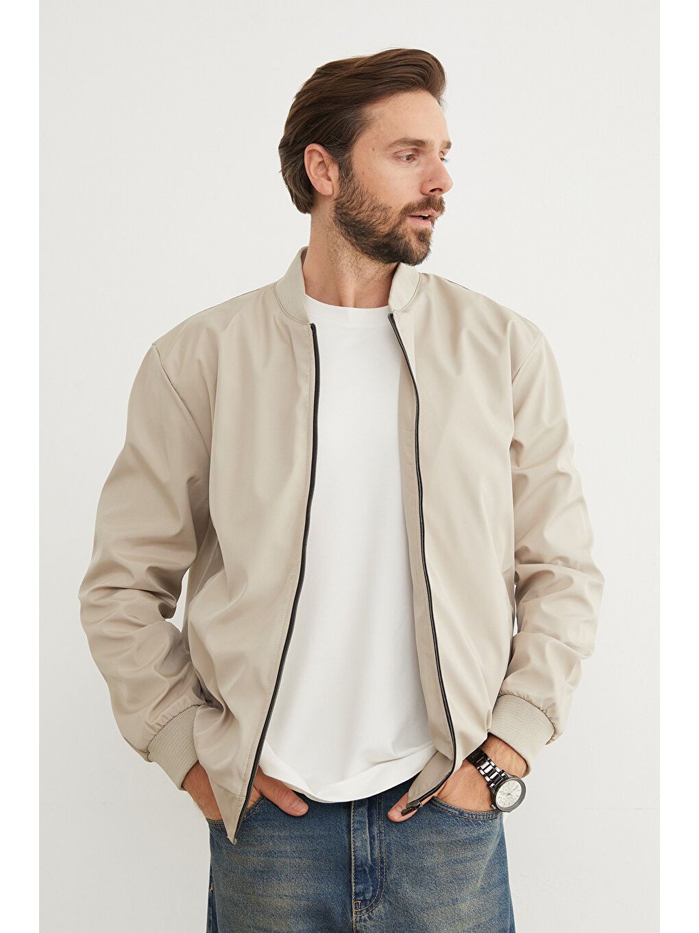 Bej Scuba Kumaş Fermuarlı Bomber Ceket-1