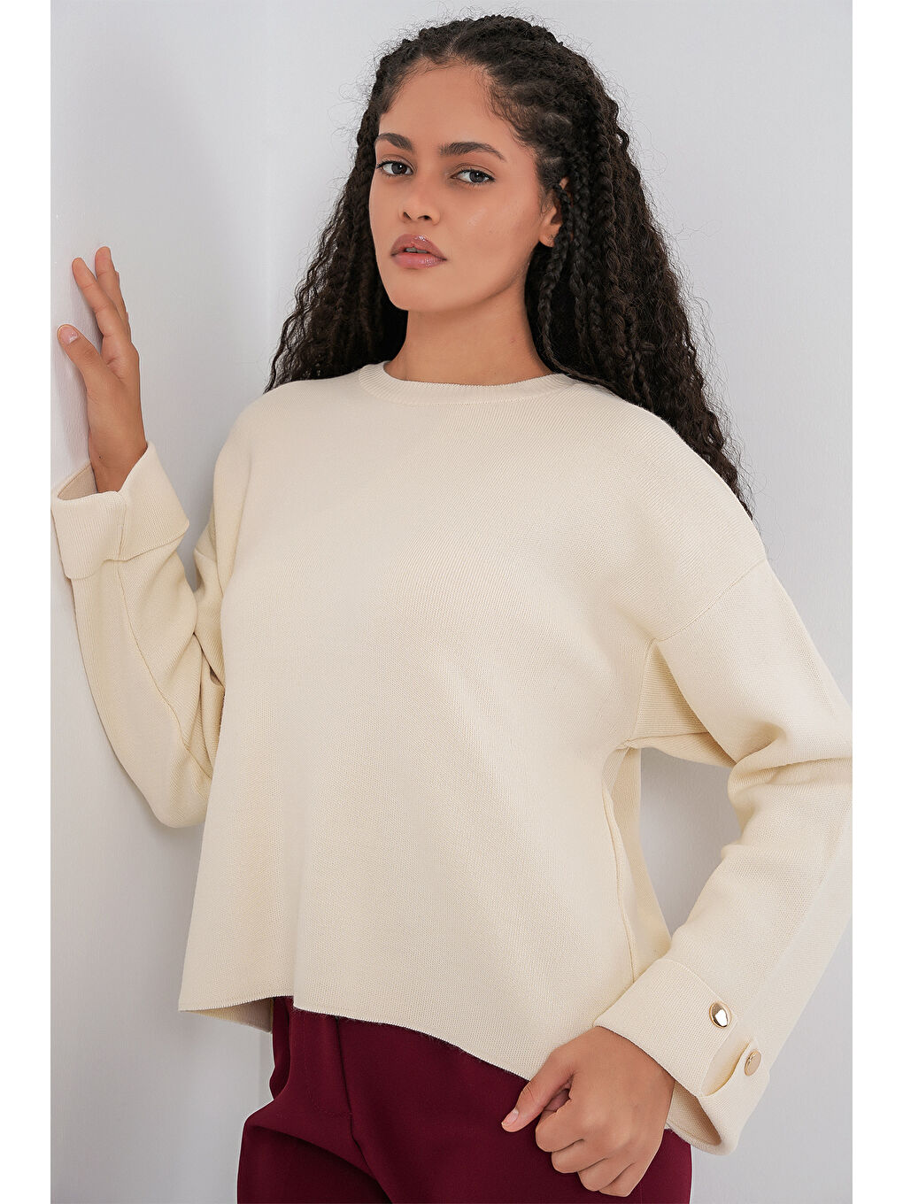 Kadın Kol Düğmeli Oversize Triko Kazak 15981 - Ekru-2