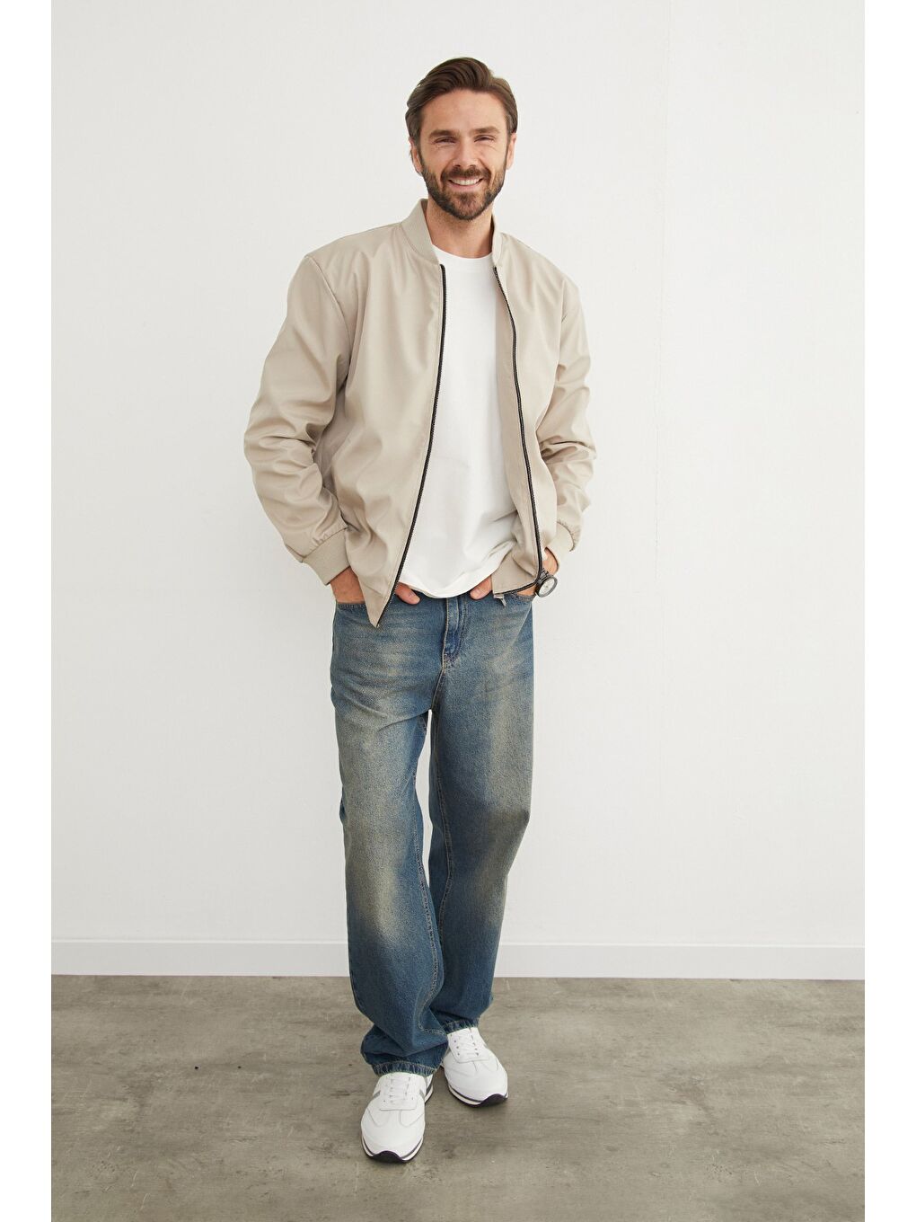 Bej Scuba Kumaş Fermuarlı Bomber Ceket-2