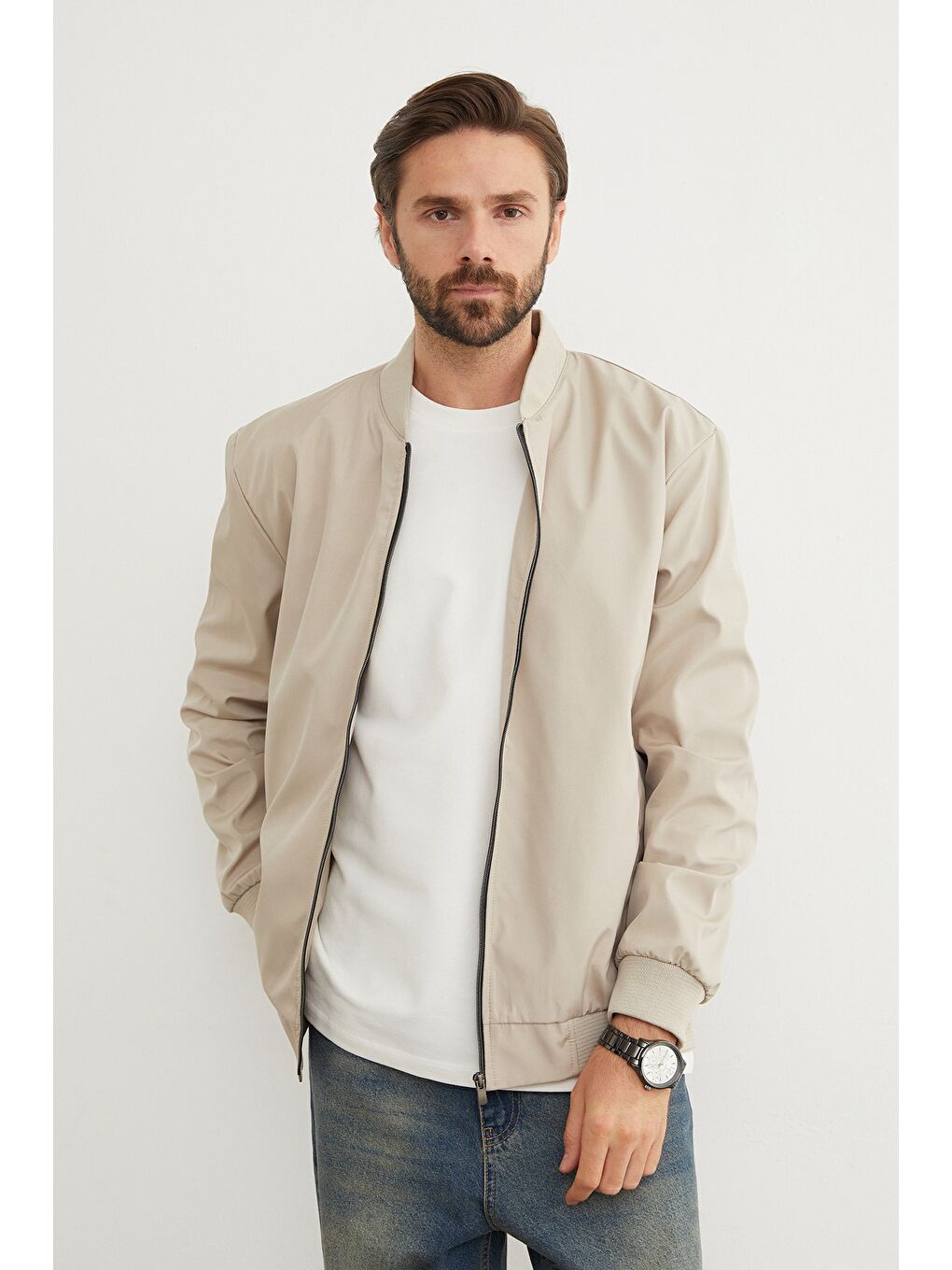 Bej Scuba Kumaş Fermuarlı Bomber Ceket-3
