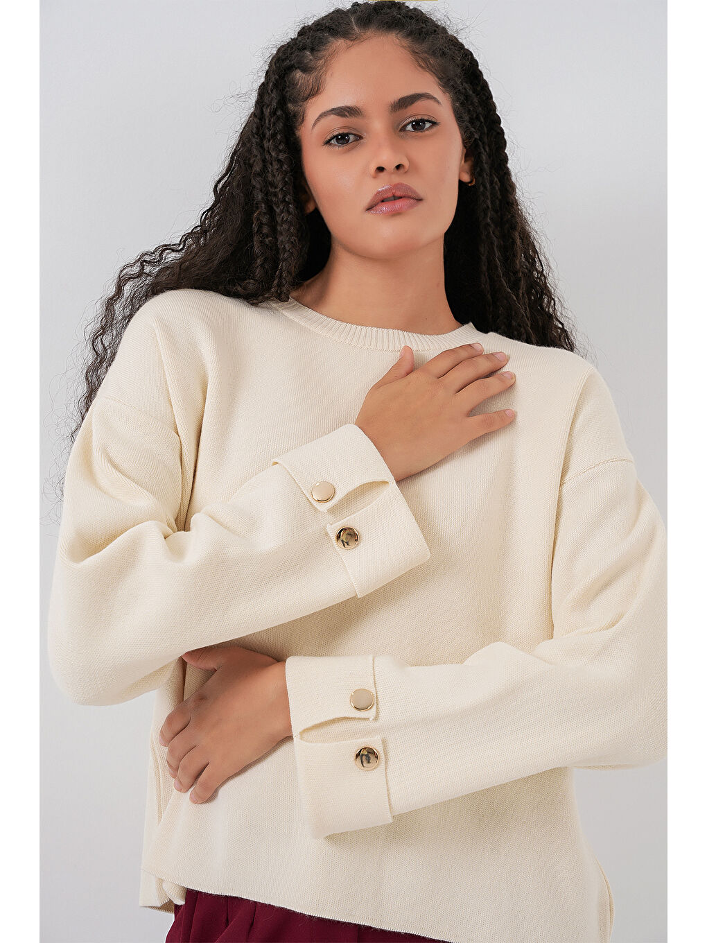 Kadın Kol Düğmeli Oversize Triko Kazak 15981 - Ekru-3