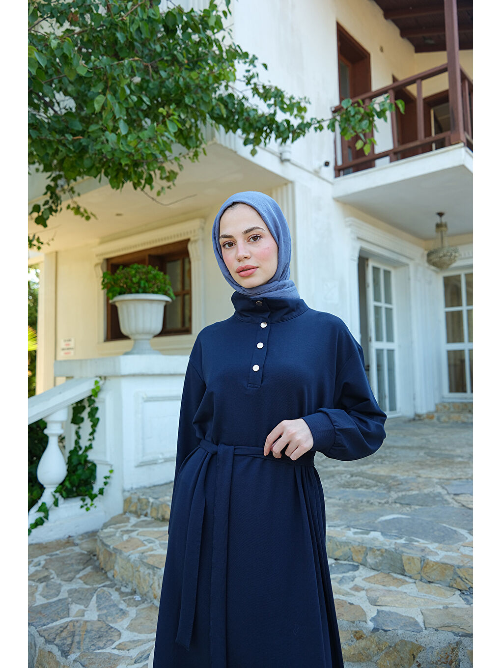 Kadın Yüksek Yaka Çıtçıtlı Elbise Lacivert-1