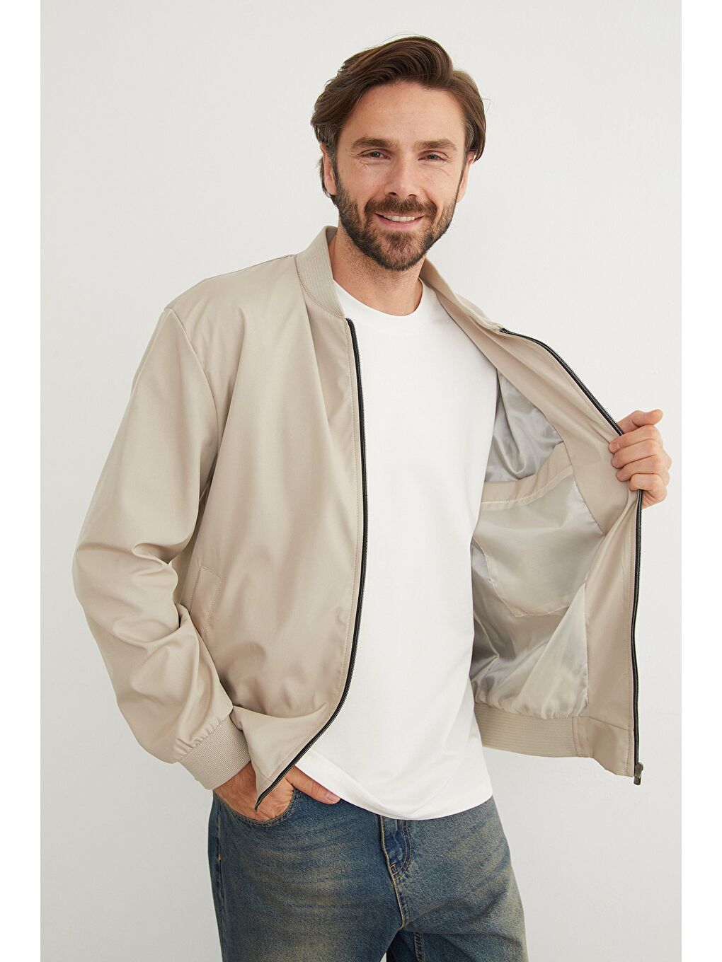 Bej Scuba Kumaş Fermuarlı Bomber Ceket-4