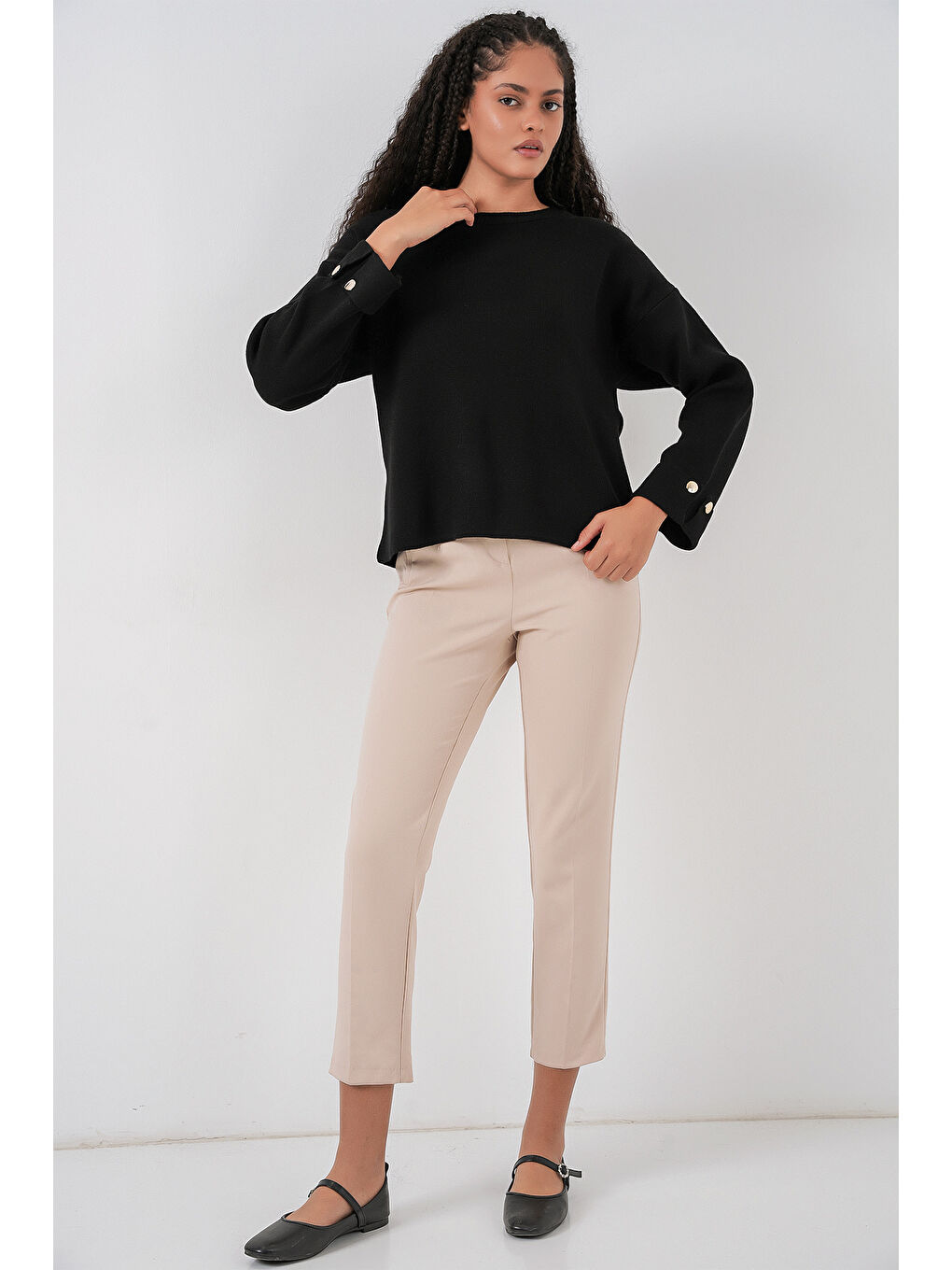 Kadın Kol Düğmeli Oversize Triko Kazak 15981 - Siyah-1