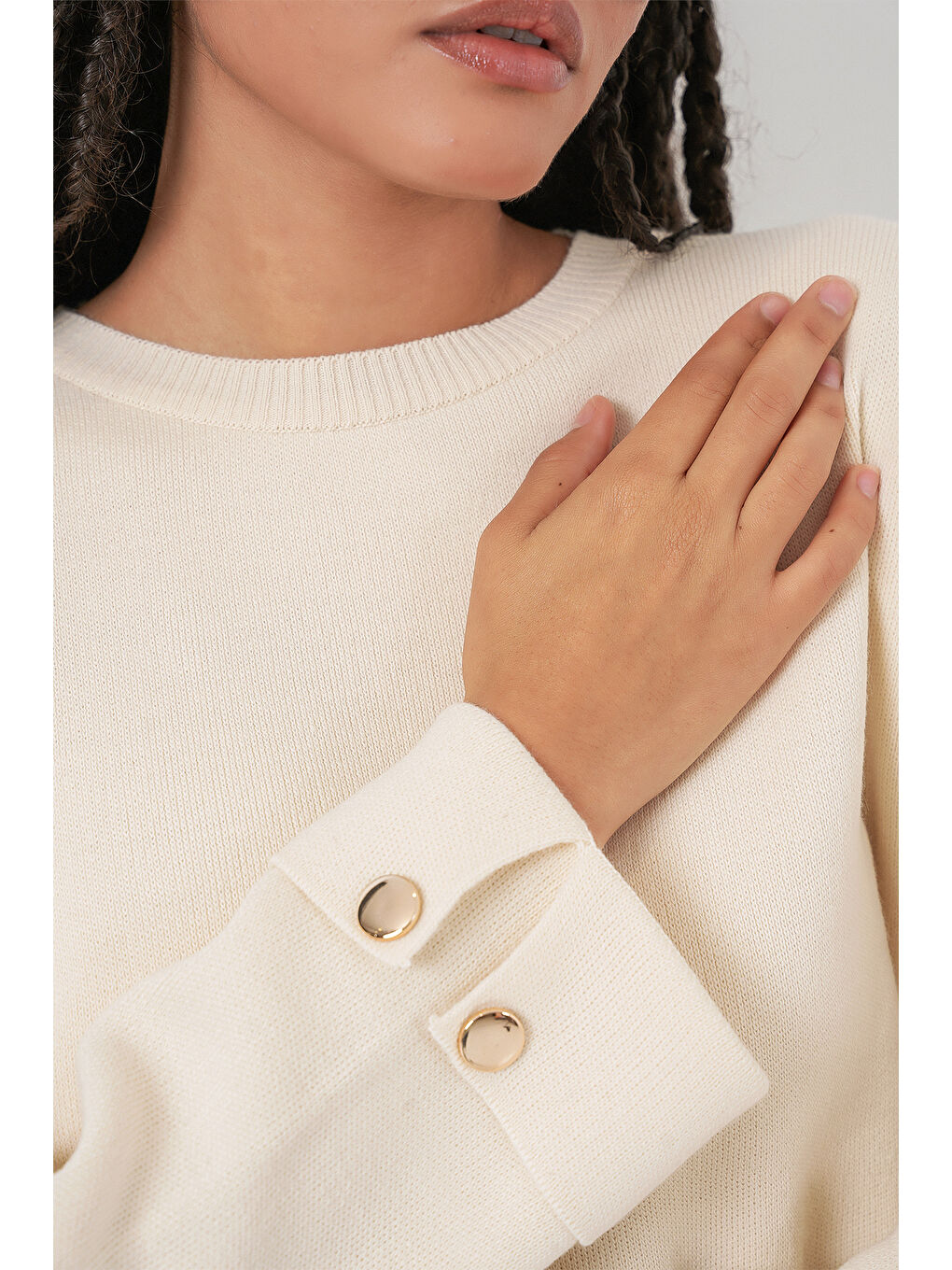 Kadın Kol Düğmeli Oversize Triko Kazak 15981 - Ekru-5