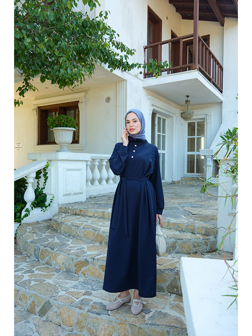 Kadın Yüksek Yaka Çıtçıtlı Elbise Lacivert-2