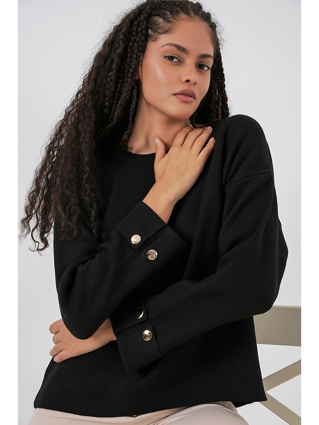 Kadın Kol Düğmeli Oversize Triko Kazak 15981 - Siyah-2