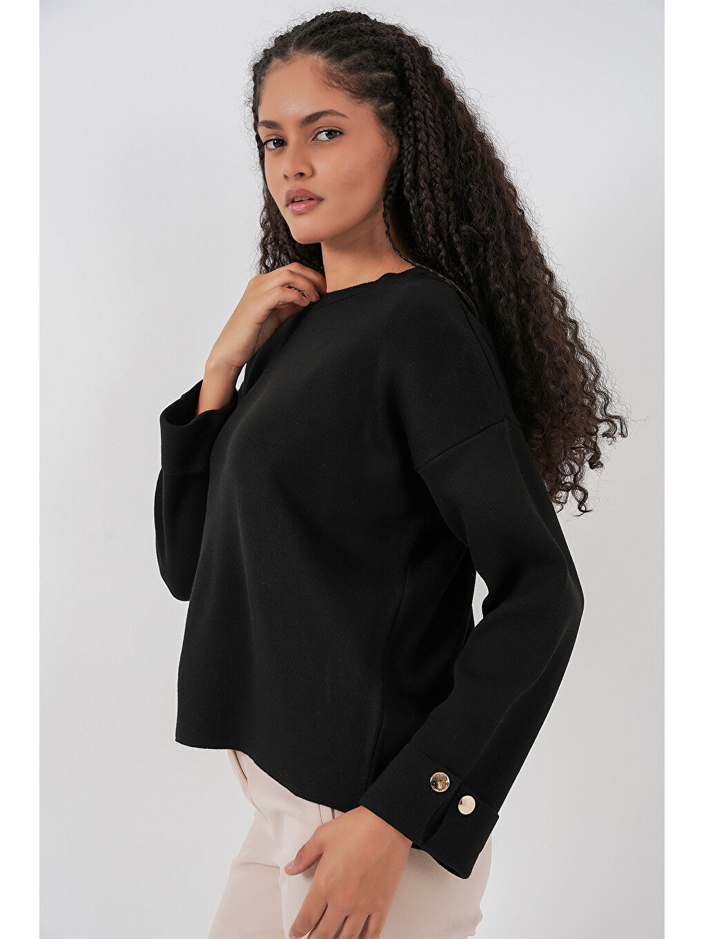 Kadın Kol Düğmeli Oversize Triko Kazak 15981 - Siyah-3