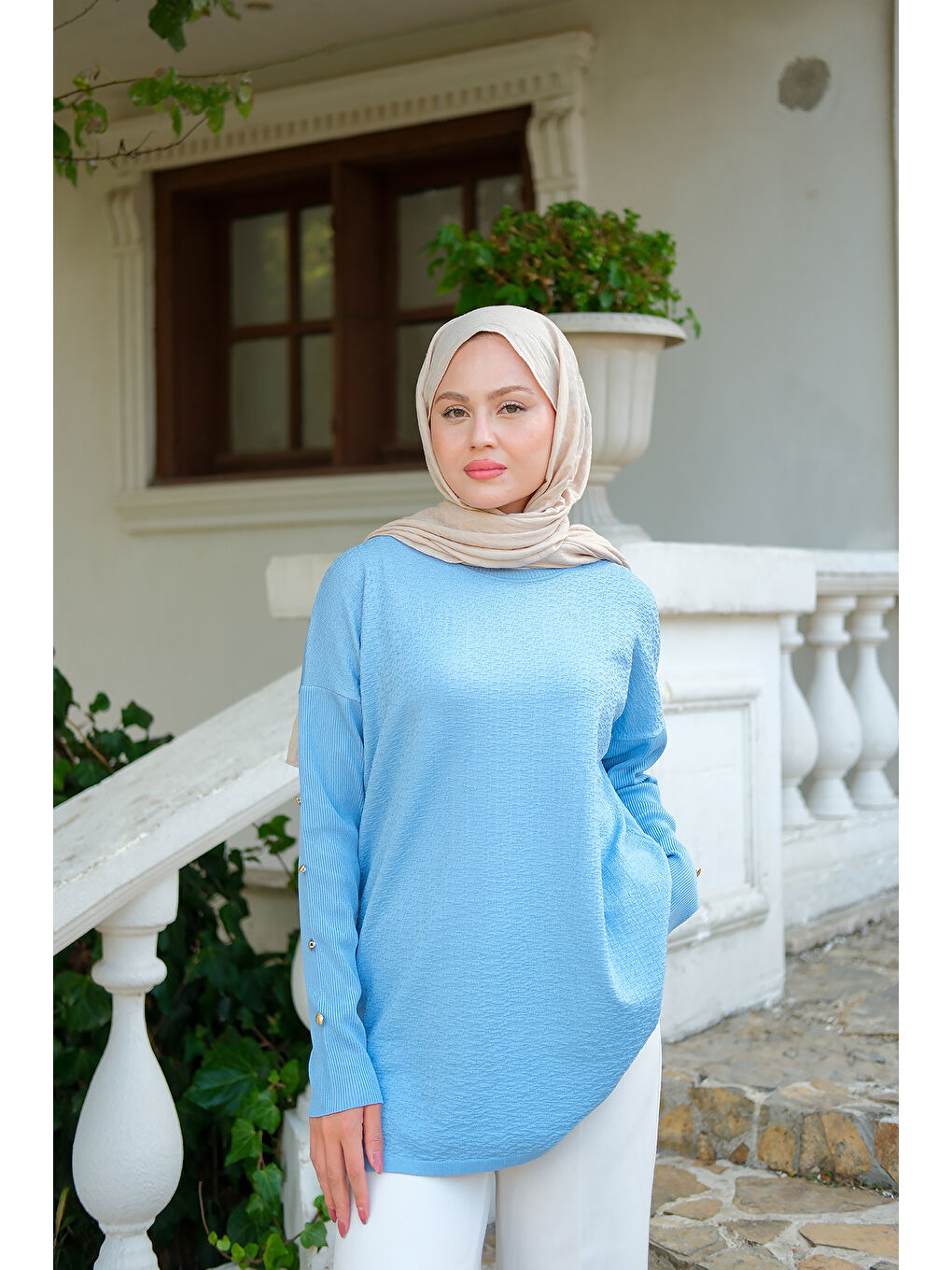 Kadın Kol Düğme Detay Kendinden Desen Tunik Bebe Mavi-1