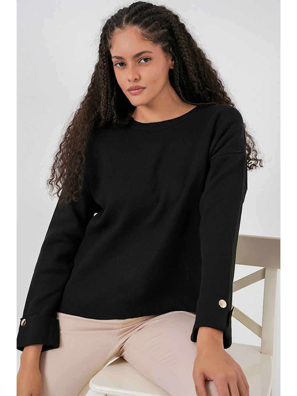 Kadın Kol Düğmeli Oversize Triko Kazak 15981 - Siyah-4