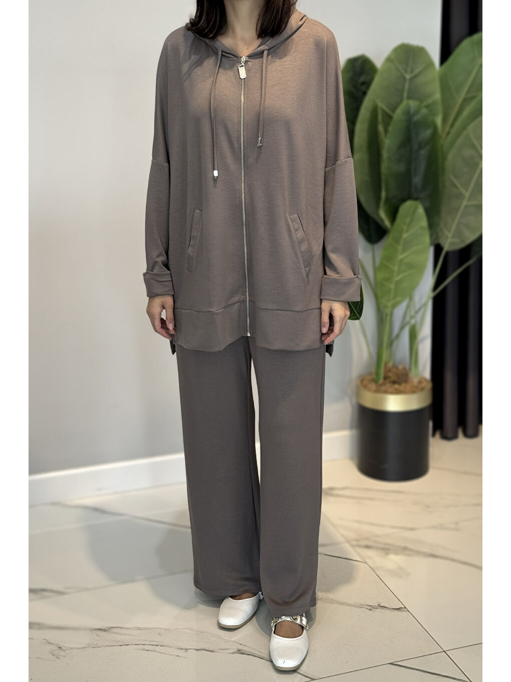 Bej Modal Kapüşonlu Basic Takım 3111 Koyu Vizon