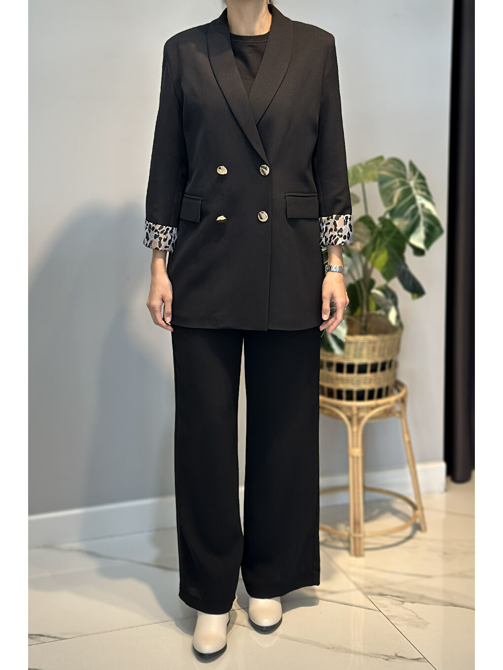 Kadın Leopar Astar Detay Blazer Ceket 1156 Siyah