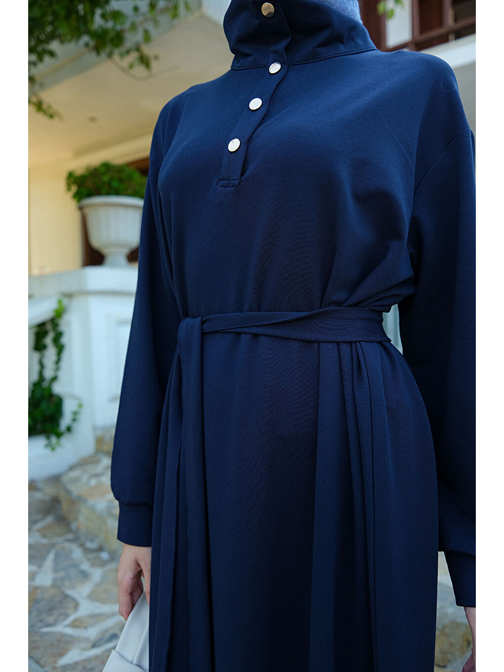 Kadın Yüksek Yaka Çıtçıtlı Elbise Lacivert-3