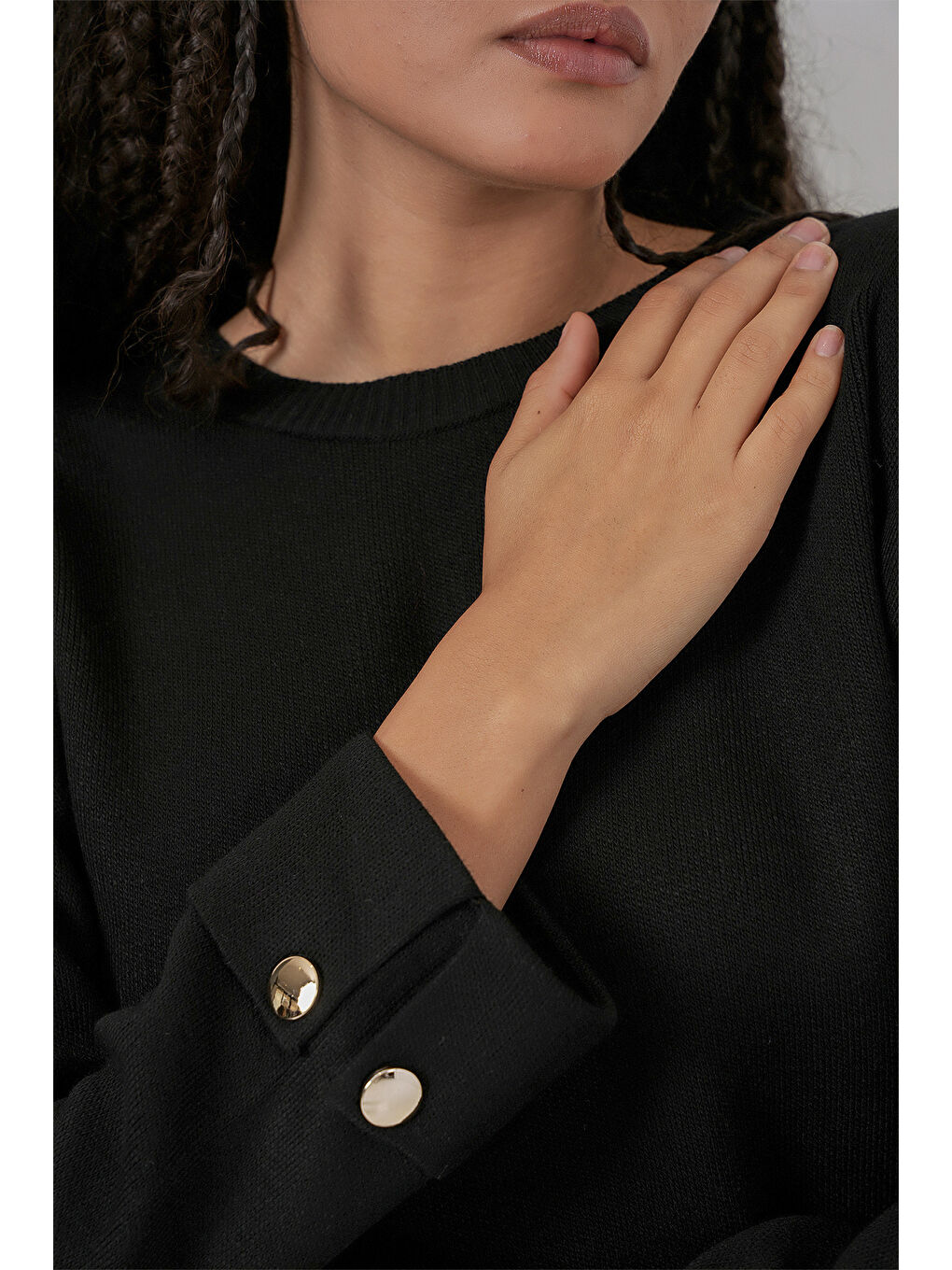 Kadın Kol Düğmeli Oversize Triko Kazak 15981 - Siyah-5