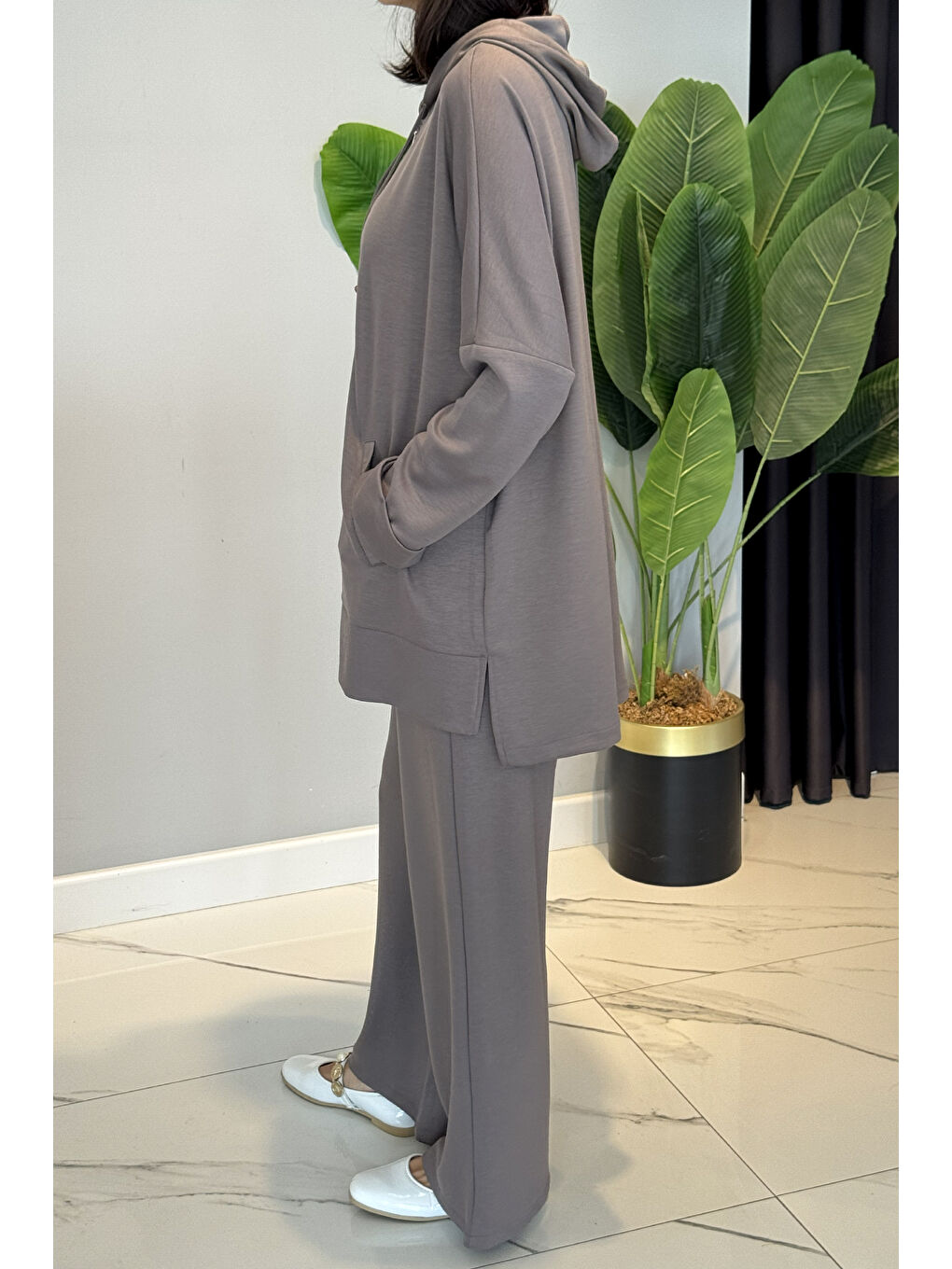 Bej Modal Kapüşonlu Basic Takım 3111 Koyu Vizon-1