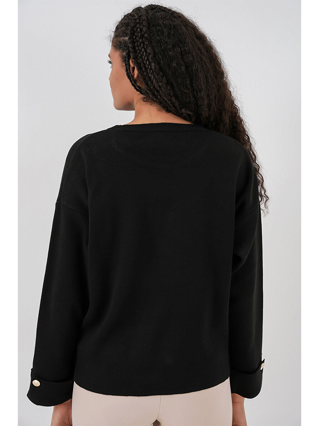 Kadın Kol Düğmeli Oversize Triko Kazak 15981 - Siyah-6