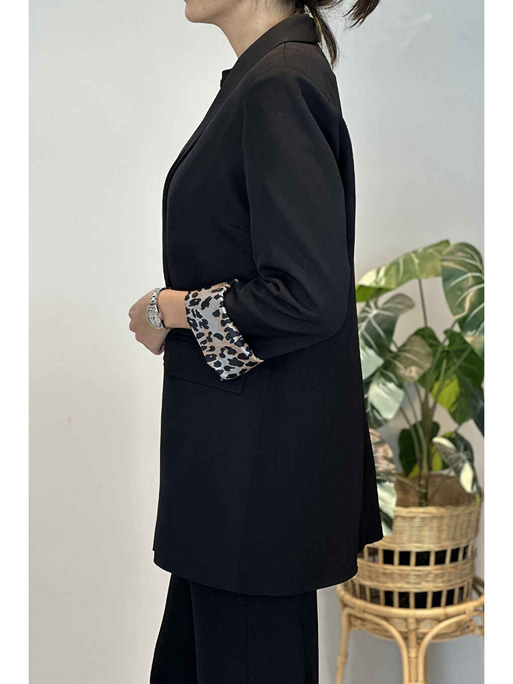 Kadın Leopar Astar Detay Blazer Ceket 1156 Siyah-2