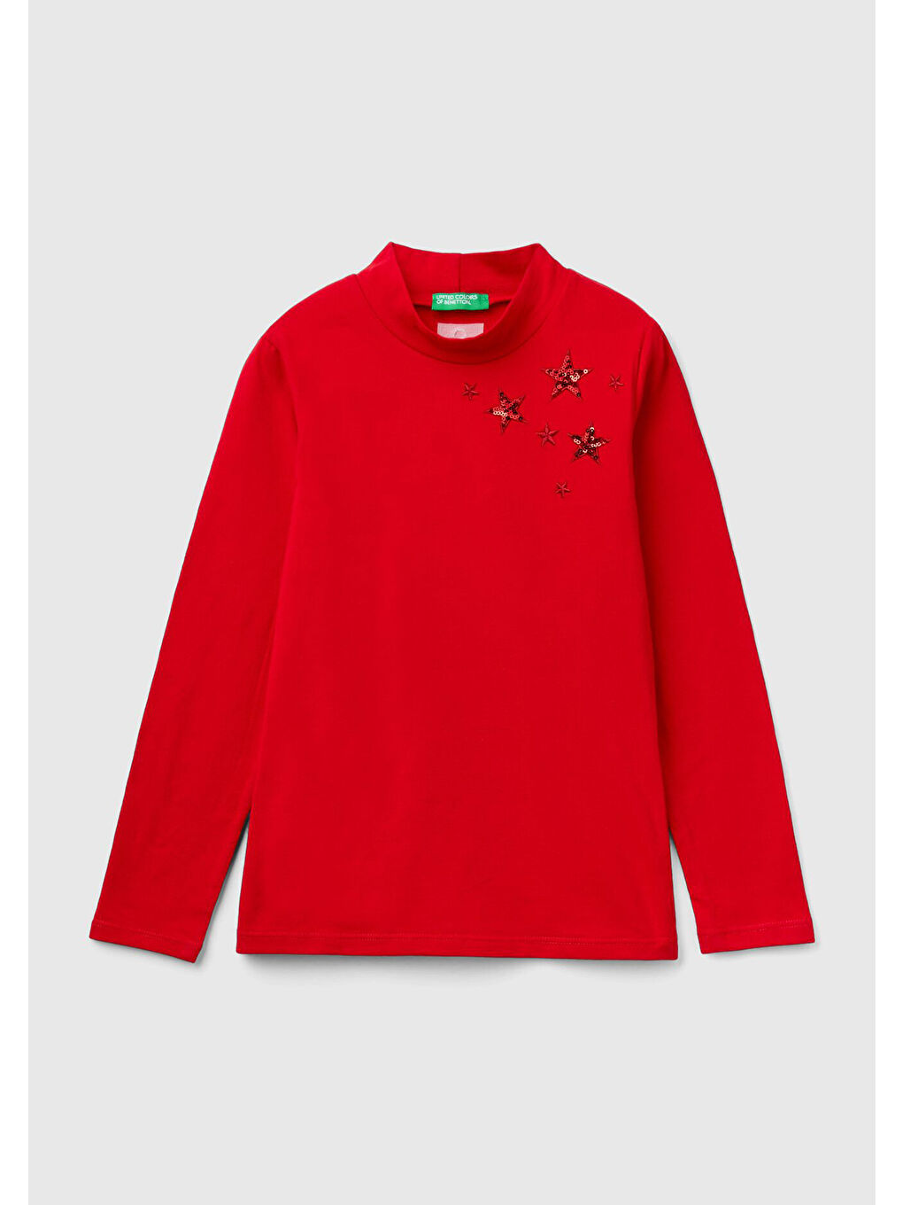Kız Çocuk Kırmızı Arkası Logolu Omzu Pul Detaylı Dik Yaka Uzun Kollu Tişört