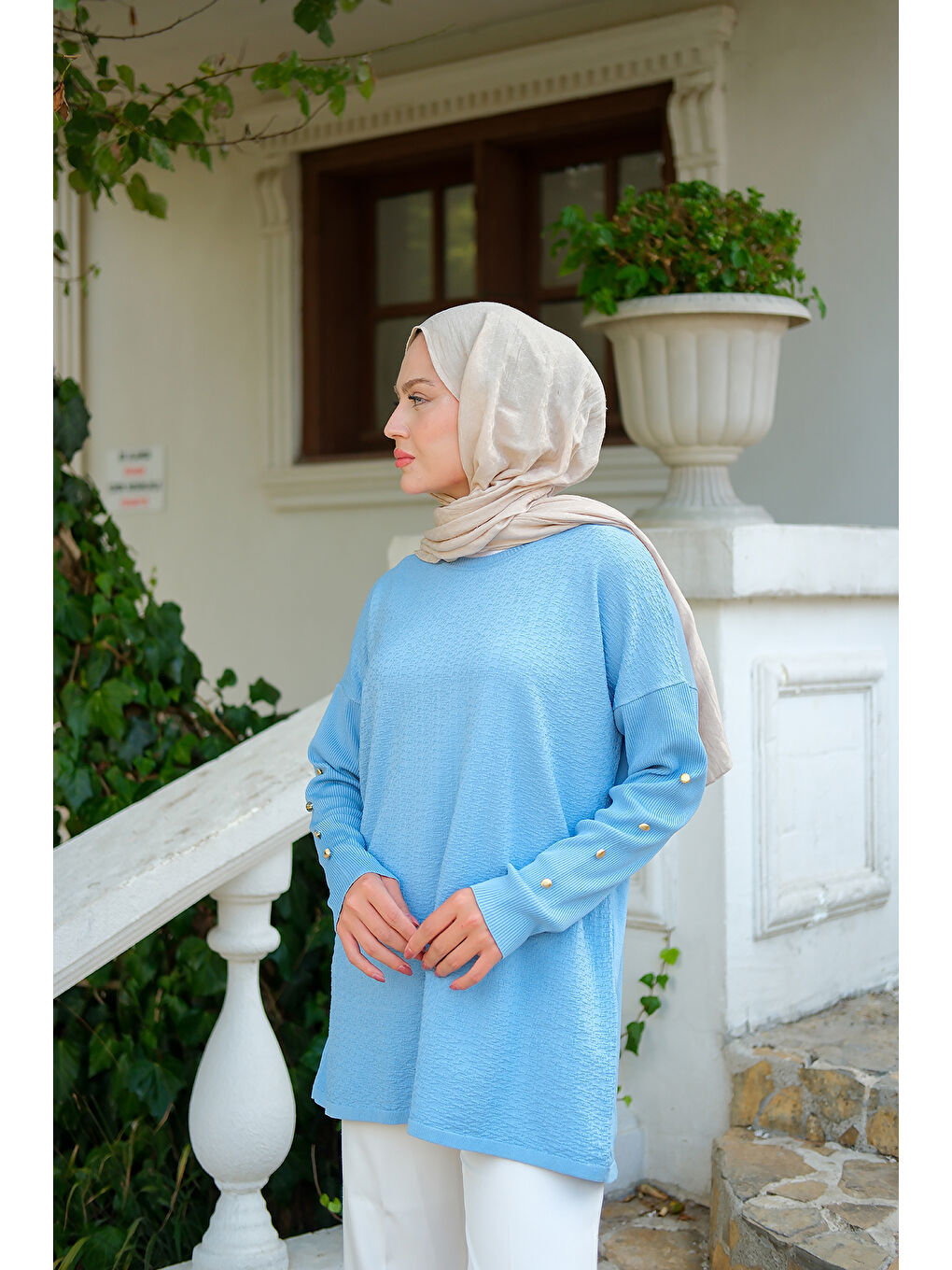 Kadın Kol Düğme Detay Kendinden Desen Tunik Bebe Mavi-2