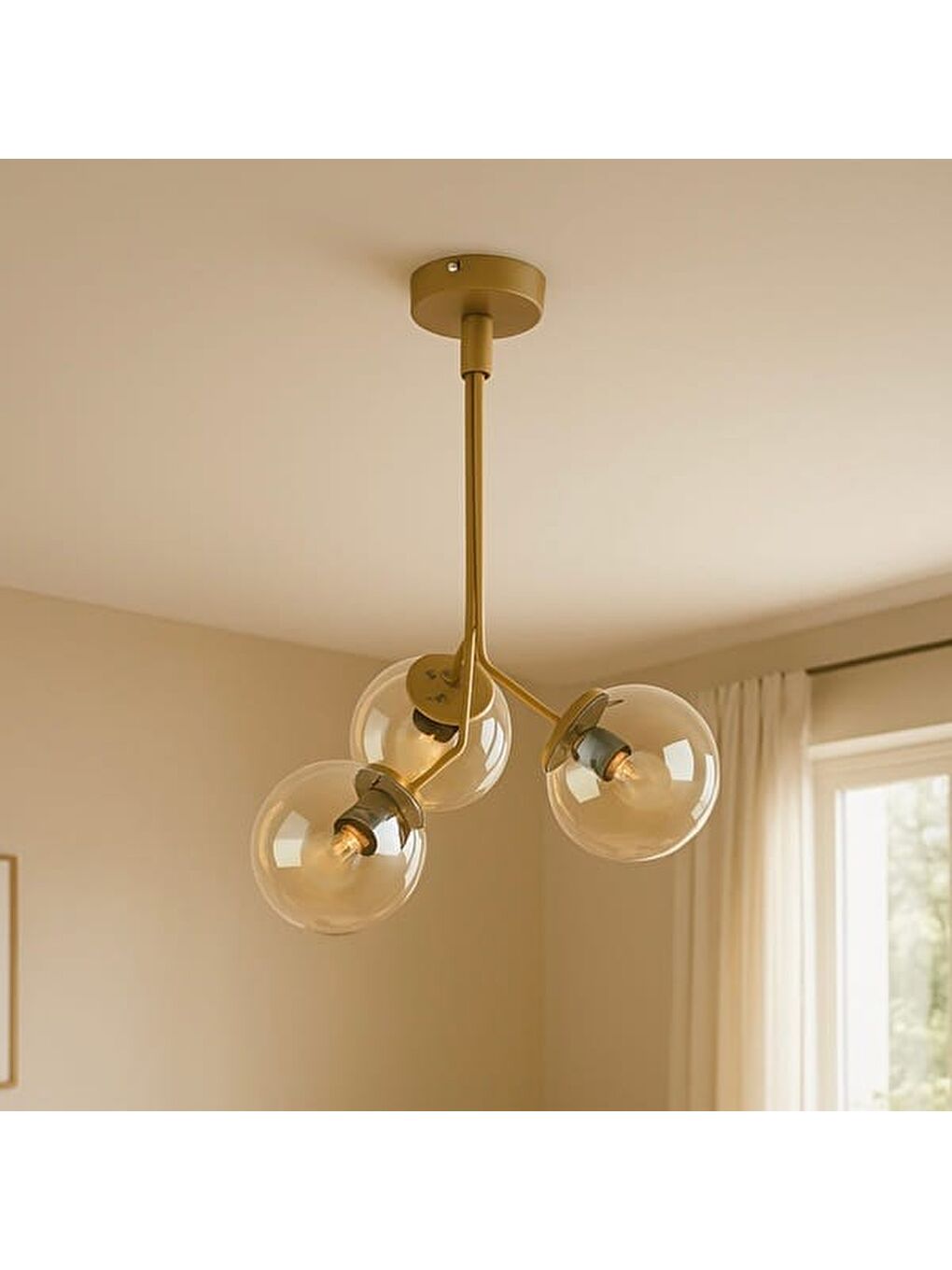 Kahverengi 3'lü Bal Cam Avize - Eskitme - 70 cm