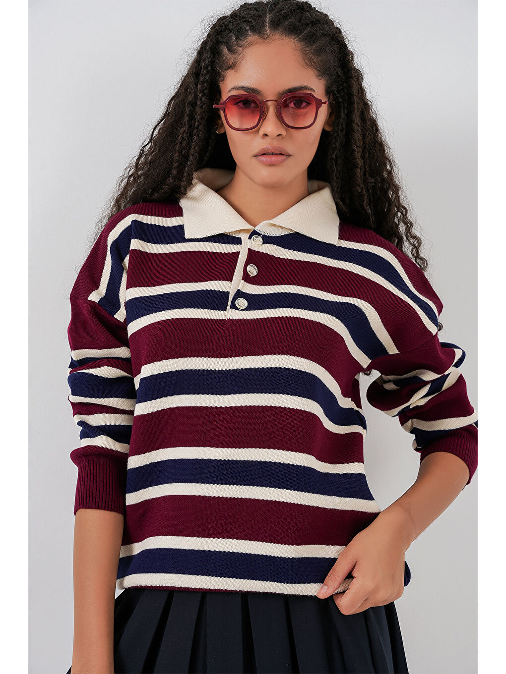Kadın Çizgili Polo Yaka Triko Kazak 15952 - Bordo