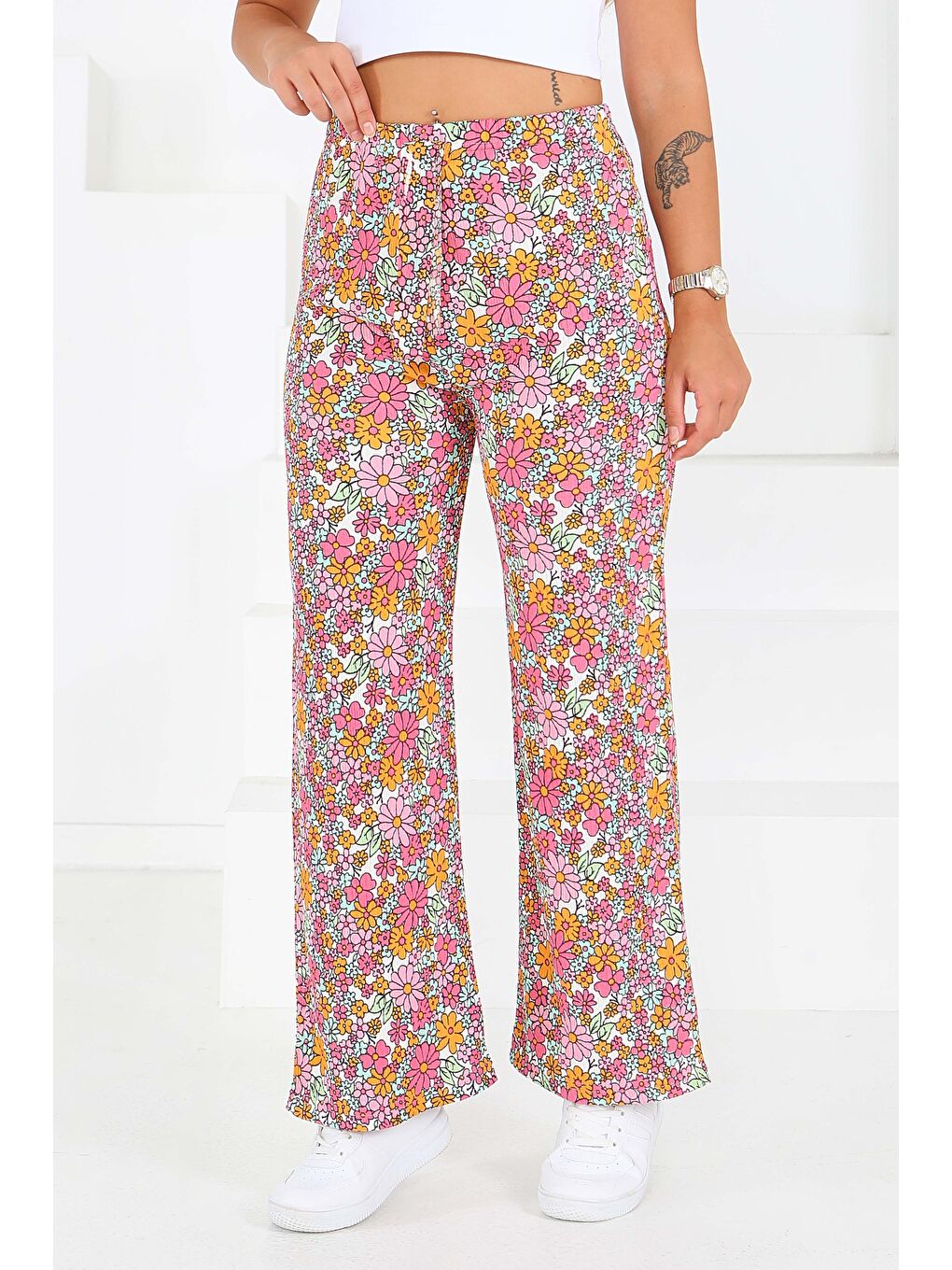 Desenli Beli Lastikli Bürümcük Pantolon Pembe - 27681