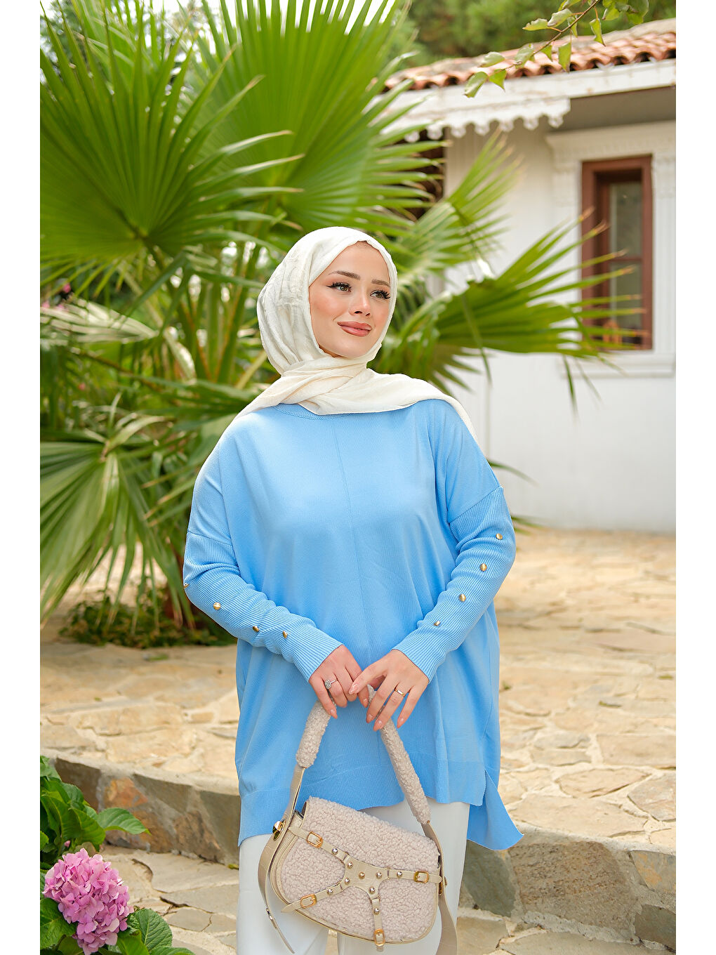 Kadın Kolları Düğme Detaylı Tunik Bebe Mavi