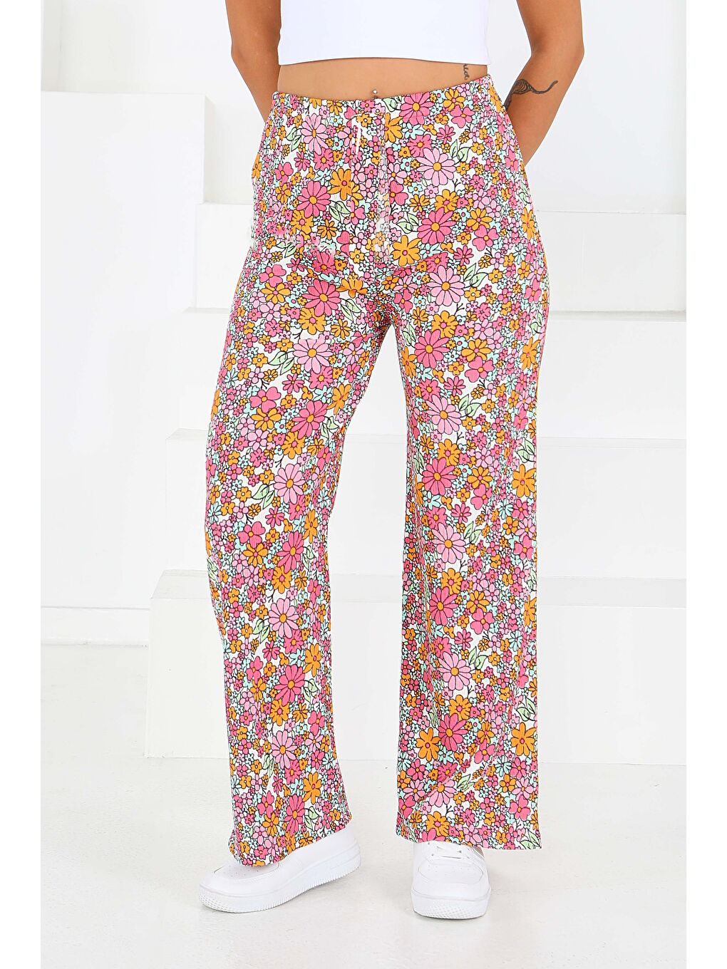 Desenli Beli Lastikli Bürümcük Pantolon Pembe - 27681-1