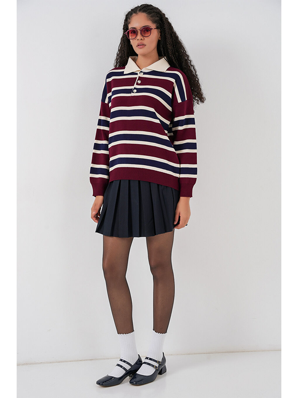 Kadın Çizgili Polo Yaka Triko Kazak 15952 - Bordo-1