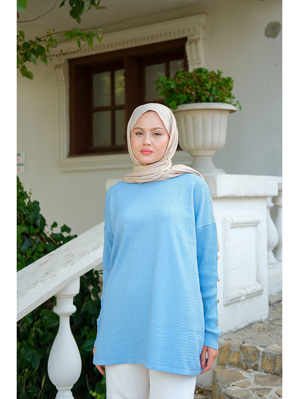 Kadın Kol Düğme Detay Kendinden Desen Tunik Bebe Mavi-3