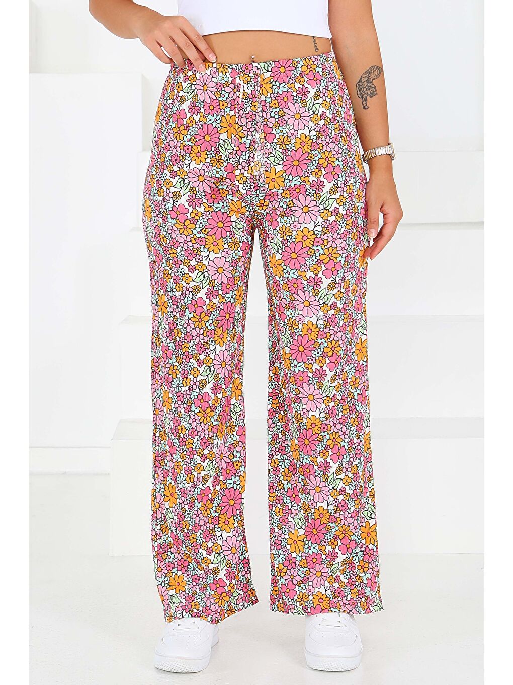 Desenli Beli Lastikli Bürümcük Pantolon Pembe - 27681-2