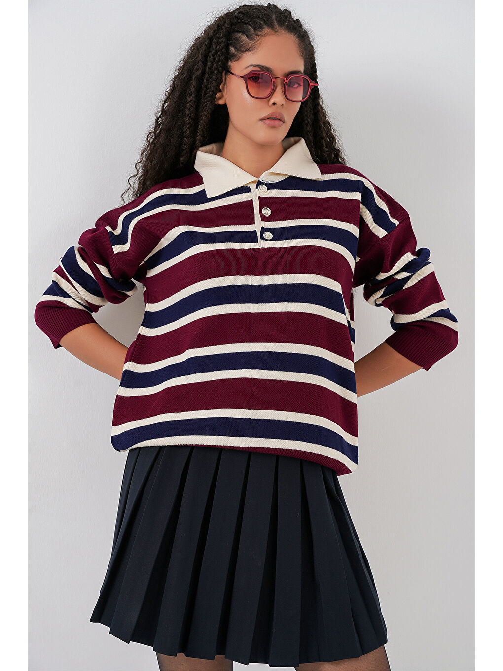 Kadın Çizgili Polo Yaka Triko Kazak 15952 - Bordo-2