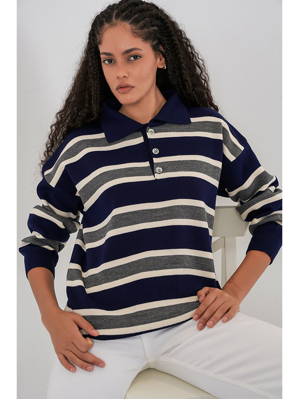 Kadın Çizgili Polo Yaka Triko Kazak 15952 - Lacivert-1