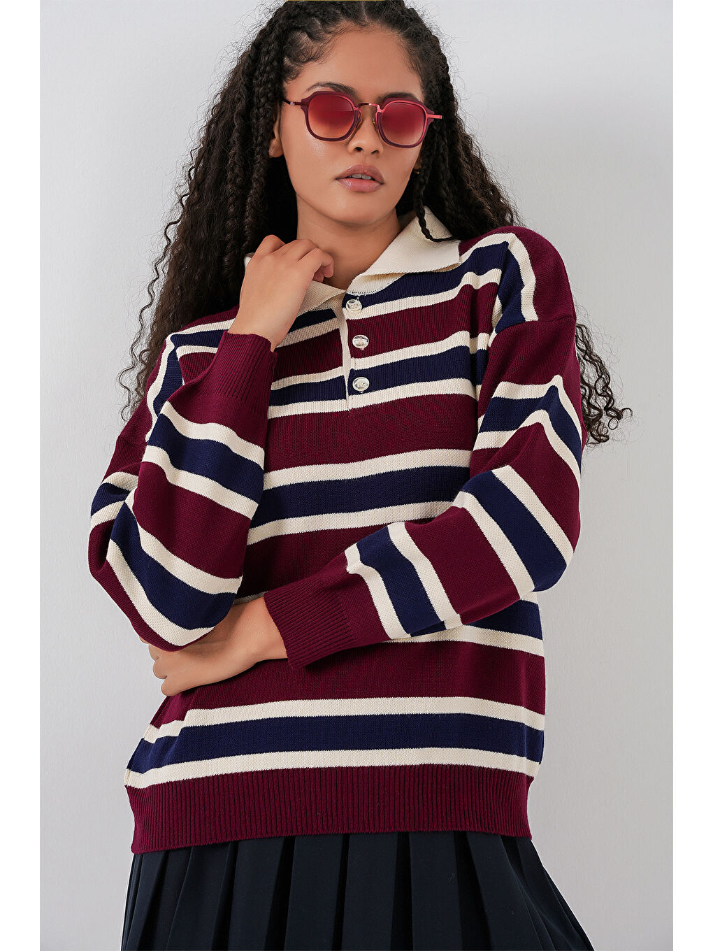 Kadın Çizgili Polo Yaka Triko Kazak 15952 - Bordo-3