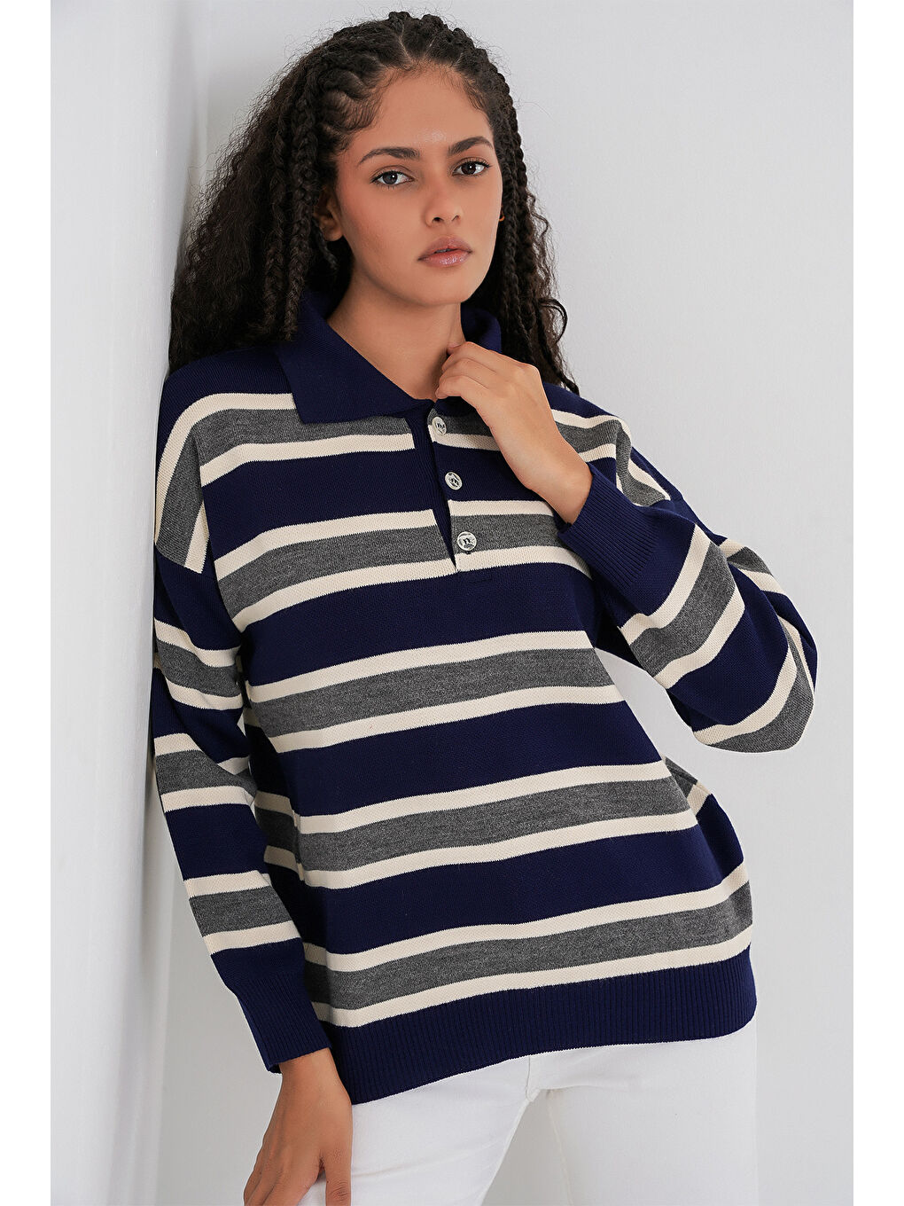 Kadın Çizgili Polo Yaka Triko Kazak 15952 - Lacivert-2