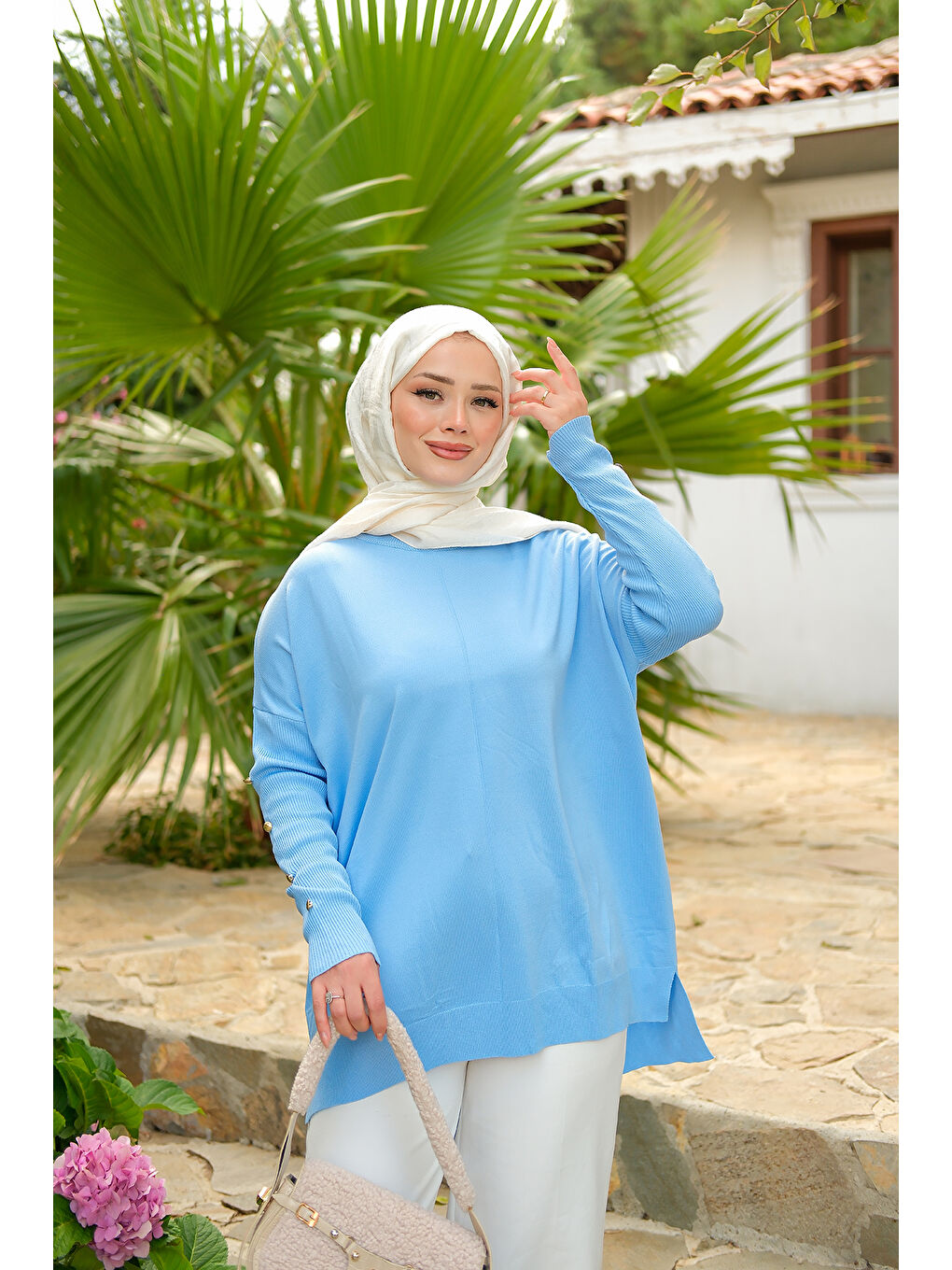 Kadın Kolları Düğme Detaylı Tunik Bebe Mavi-1