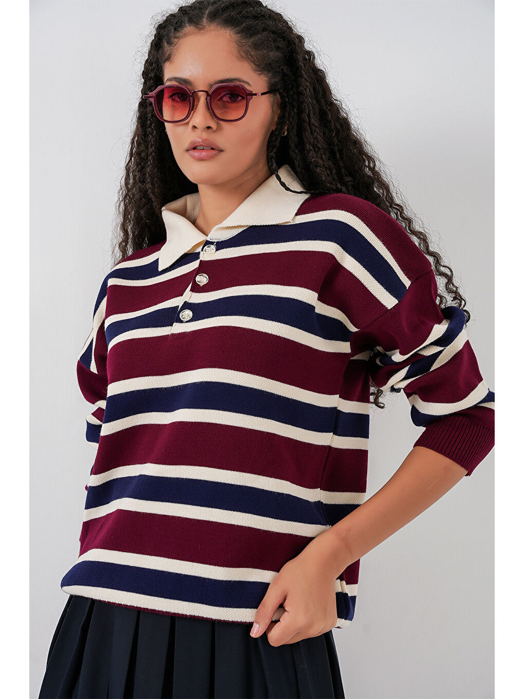 Kadın Çizgili Polo Yaka Triko Kazak 15952 - Bordo-4