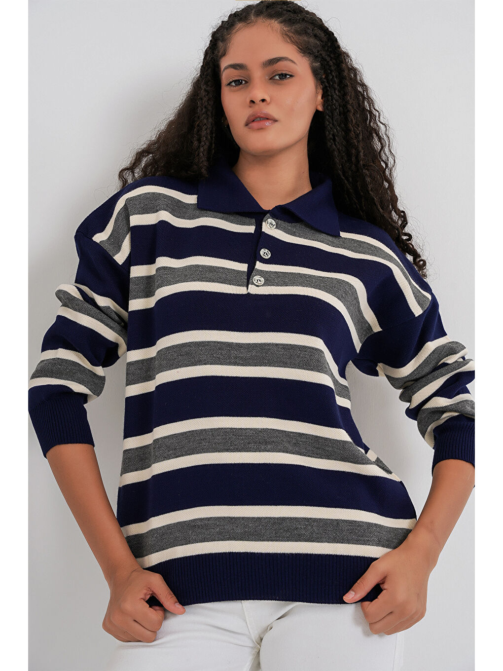 Kadın Çizgili Polo Yaka Triko Kazak 15952 - Lacivert-3