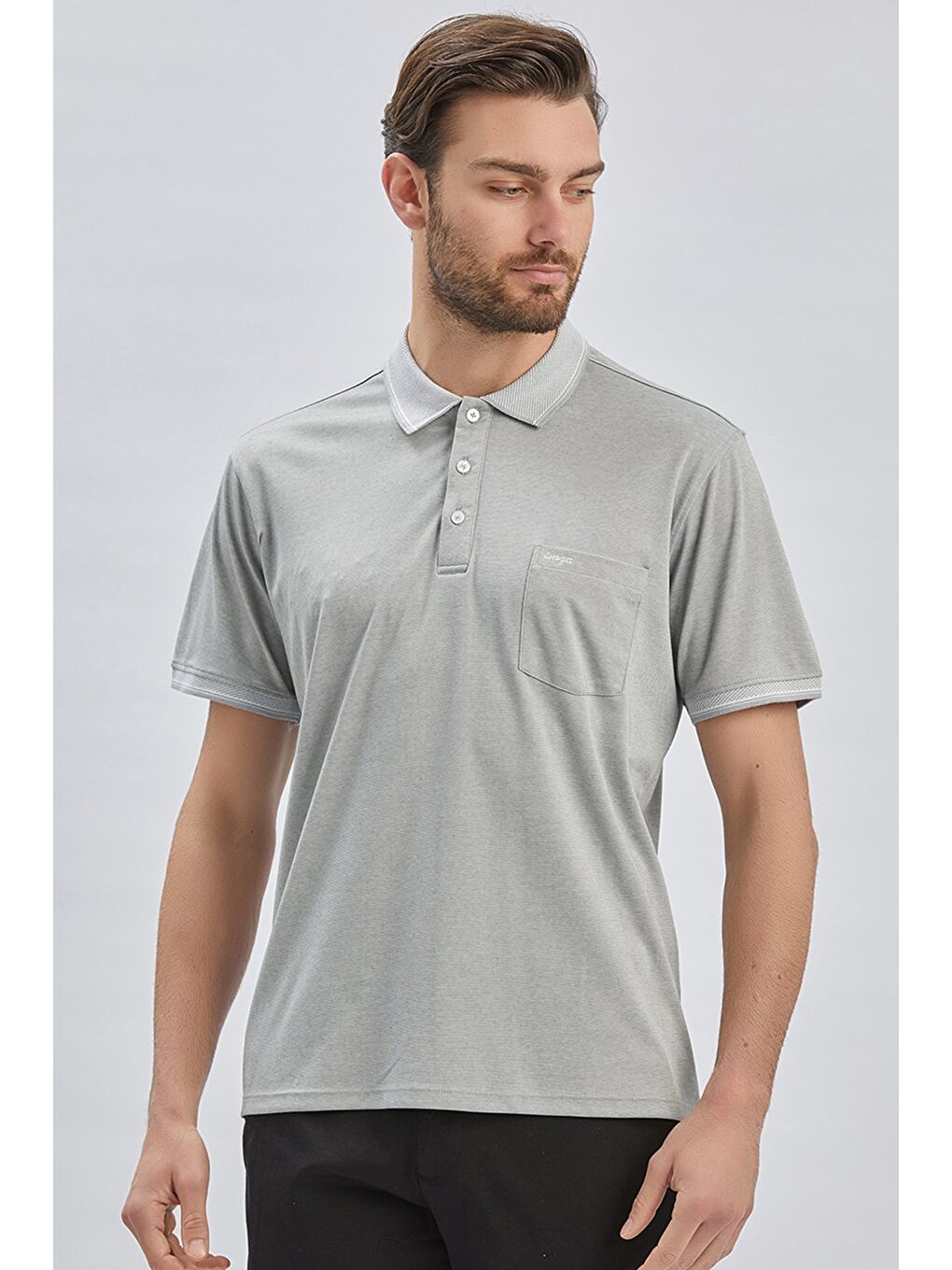 Bej Taş Rengi Desenli Oxford Polo Yaka Cepli Pamuklu Klasik Comfort Fit Rahat Kesim Tişört 1011240171-1