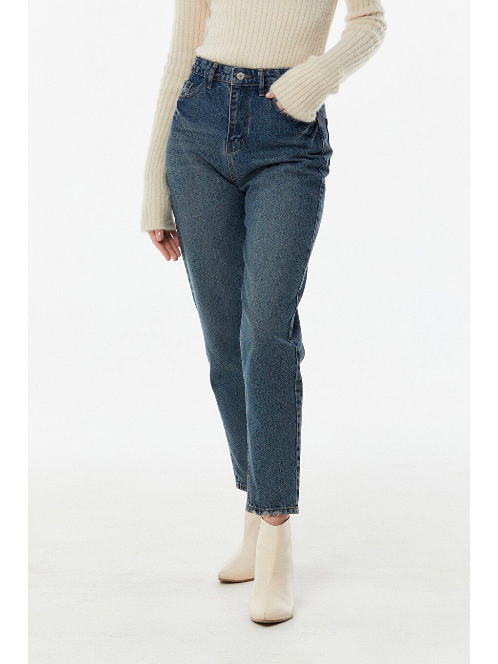 Mavi Yüksek Bel Mom Jean-2
