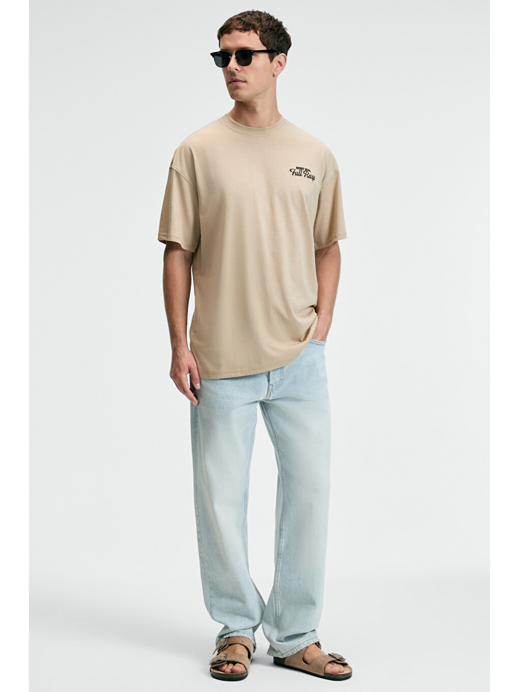 Flavor Erkek Oversize %100 Pamuk Baskılı Yuvarlak Yaka Bej T-shirt-1